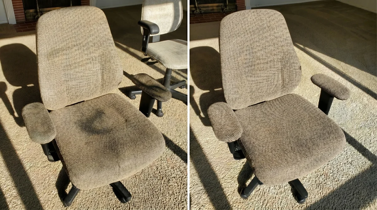 Before and after office chair upholstery cleaning in Fairfield business district – deep stain removal