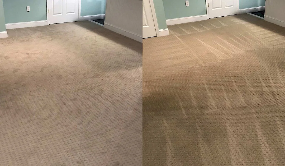 Before and after carpet cleaning in Fairfield CA home – stained carpet fully restored by National Multi Steam
