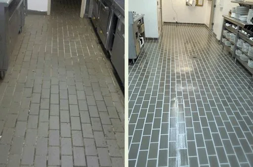 Before and after tile and grout cleaning in Cordelia restaurant – commercial floor restored by National Multi Steam