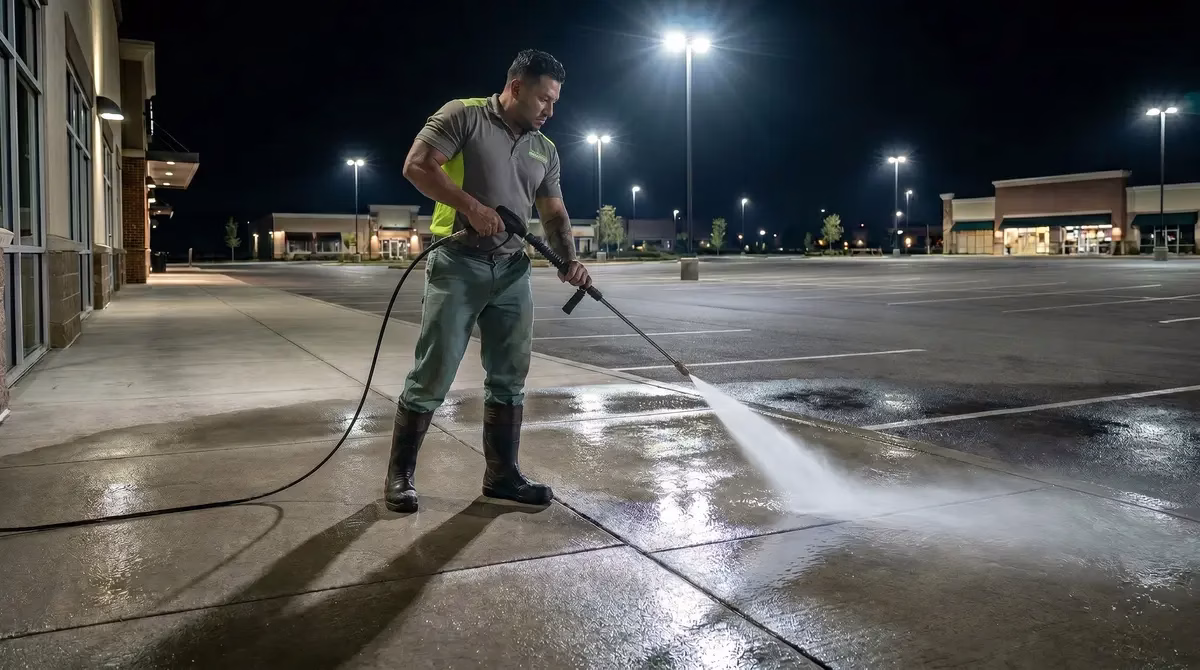 Commercial pressure washing service at night in Napa, CA