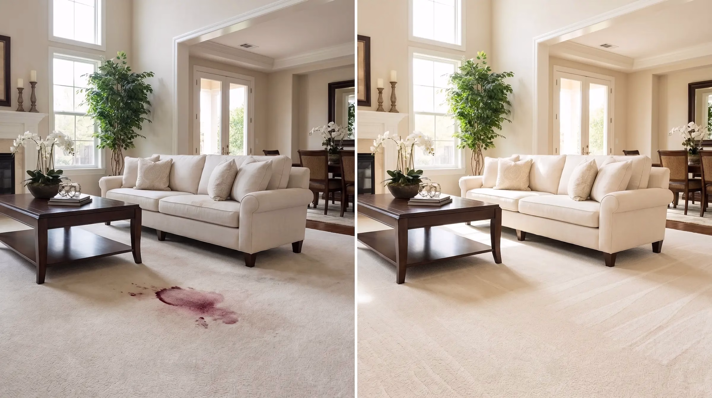 Red wine stain carpet cleaning before and after Hiddenbrooke Vallejo CA — National Multi Steam